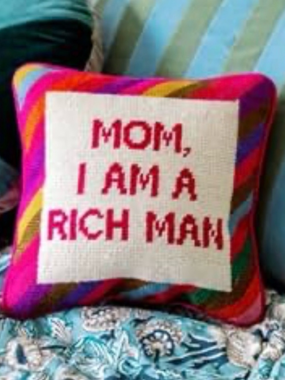 Embroidered 'Mom, I Am a Rich Man' Decorative Pillow - Pink Multicolor